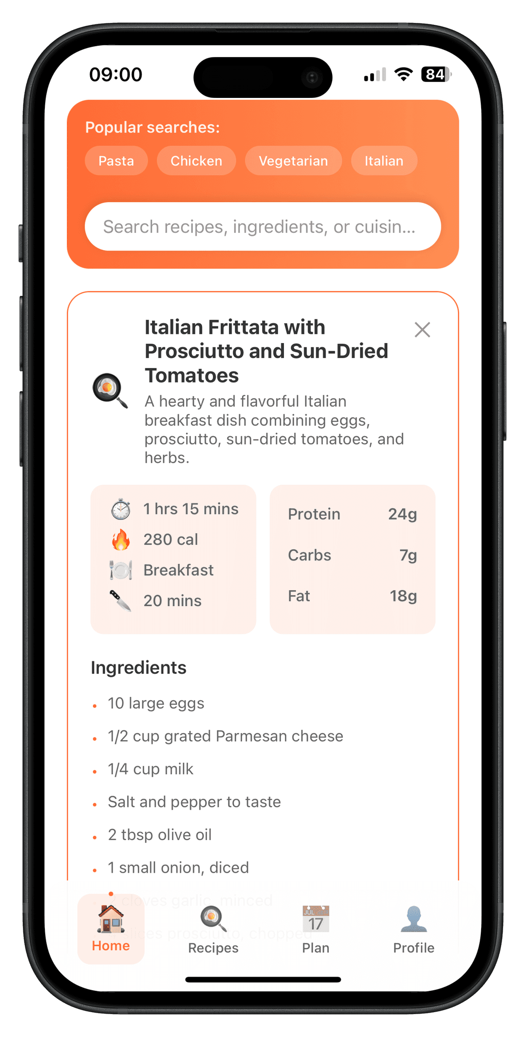Home — search & recipe card